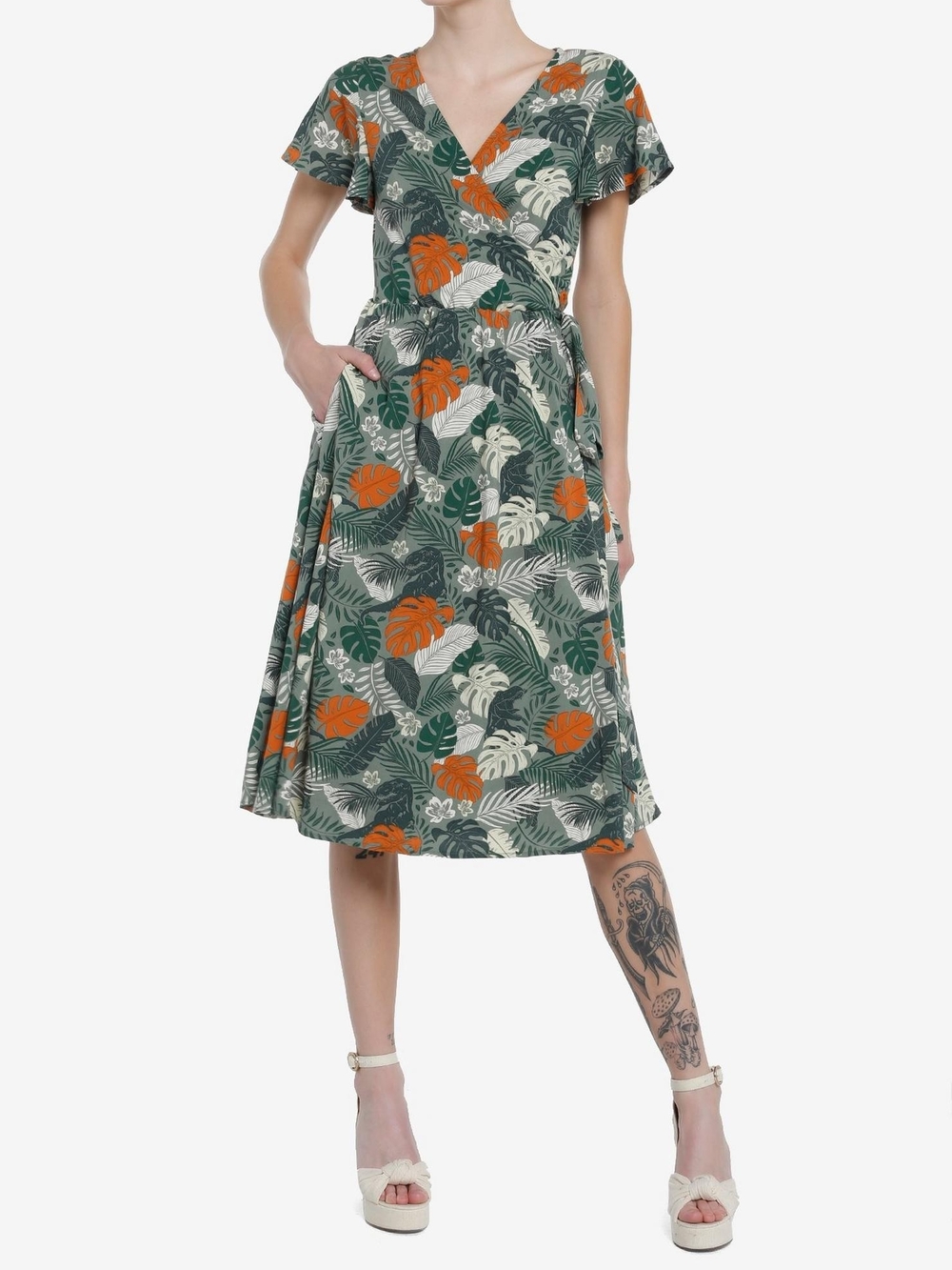 Her Universe Jurassic Park Tropical Wrap Dress with Pockets - Picture 2 of 8